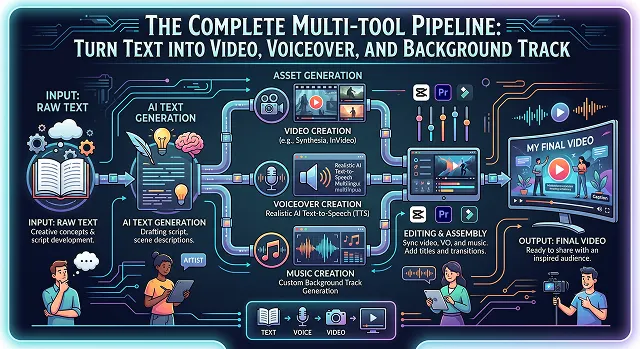 The Complete Multi-Tool Pipeline: Turn Text into Video, Voiceover, and Background Track